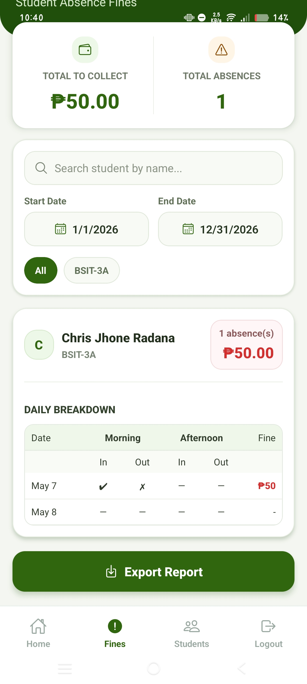QR Attendance fines report mobile screenshot
